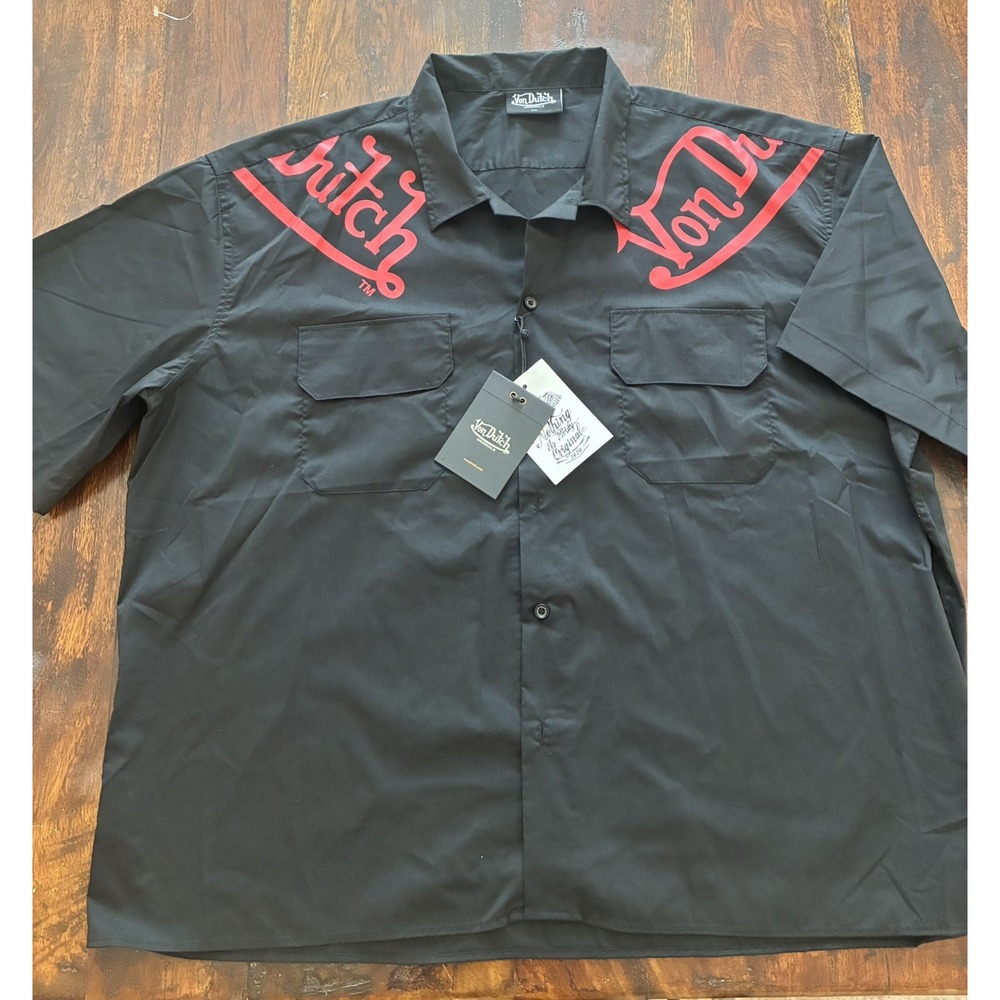 VON DUTCH Originals XXL- Black Red Logo- Short Sleeve Button Up Shirt- NWT